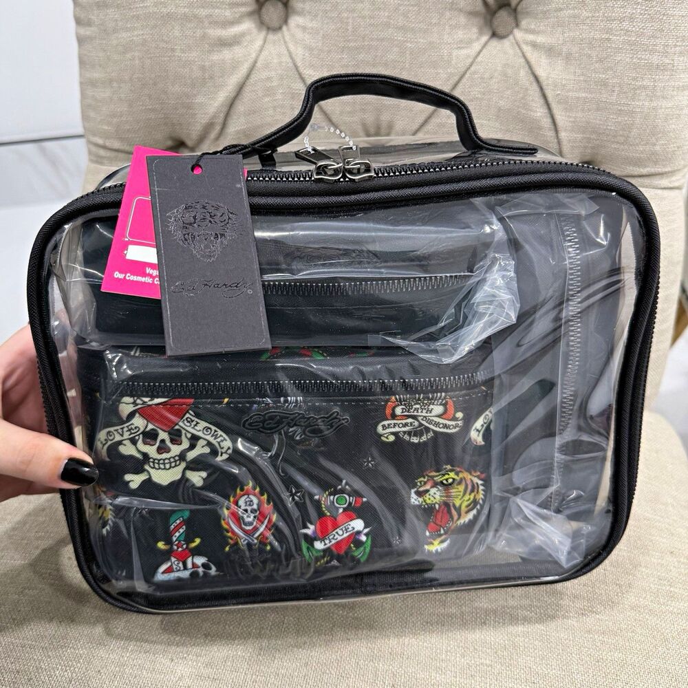 ed hardy clear skull tattoo print makeup cosmetic travel bag black 4 piece set